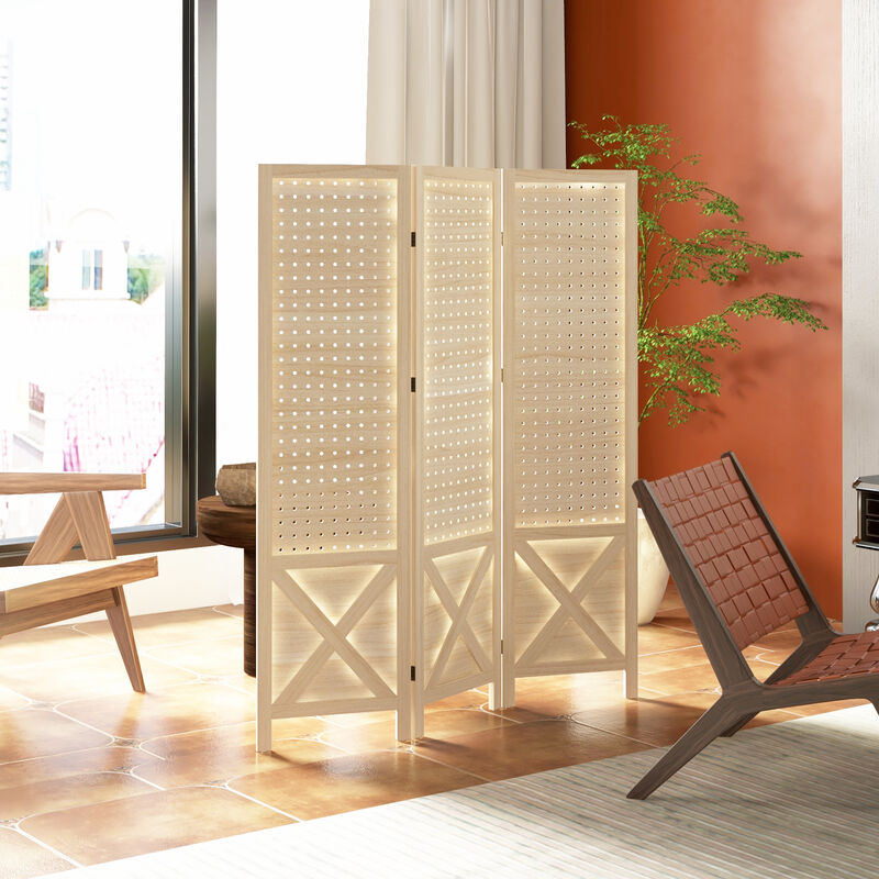 4 Panel Pegboard Display Room Divider, 4.7' Tall Wood Privacy Screen, Natural