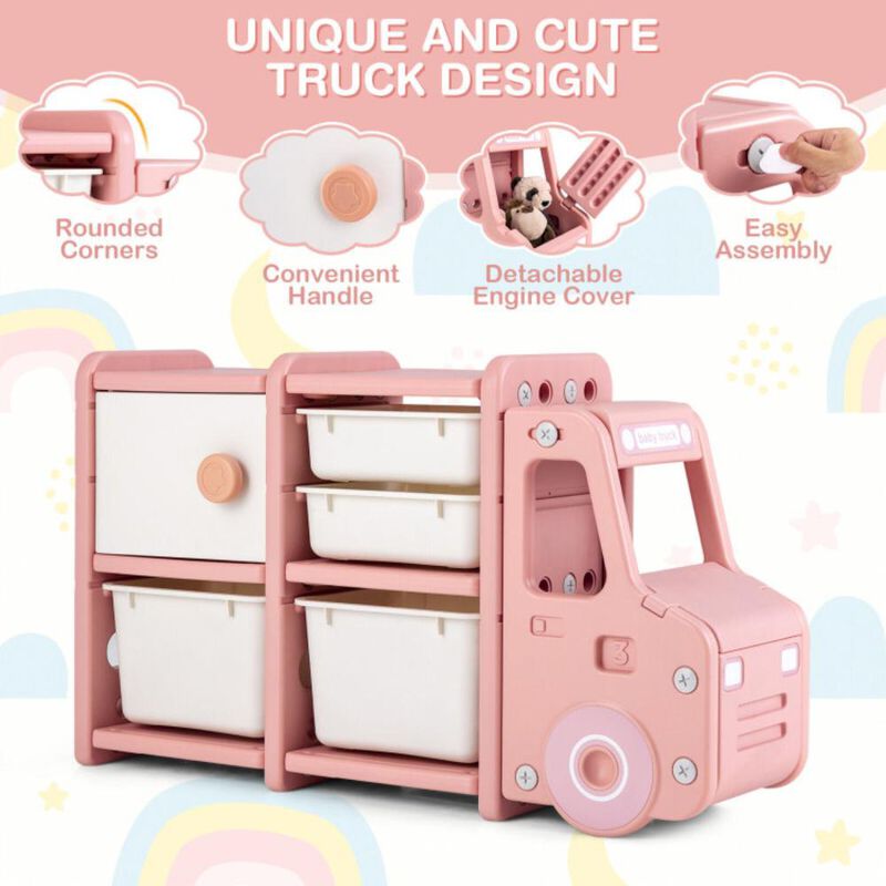 Hivvago Toddler Truck Storage Organizer with Plastic Bins-Pink