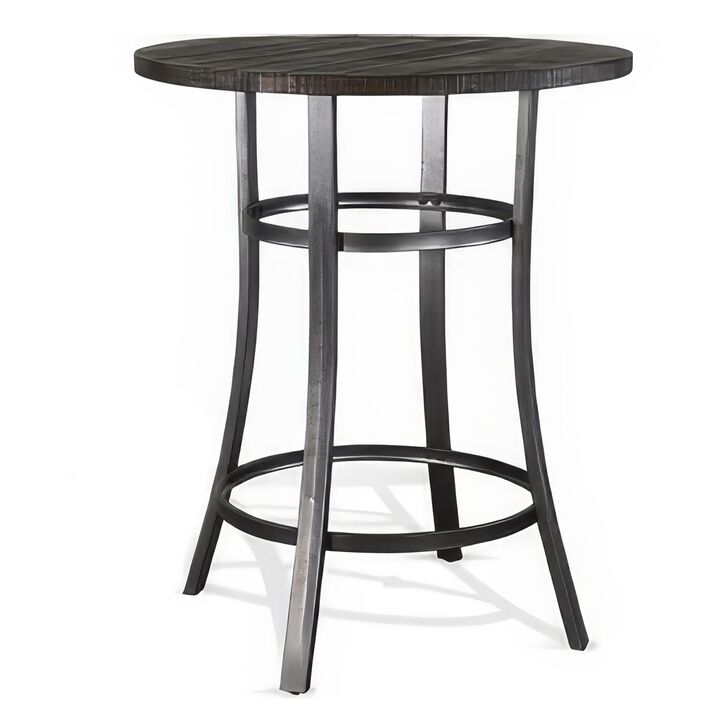 Flint Bar Height Table Round 42 Inch, Dark Brown Mahogany Wood n Metal - Benzara