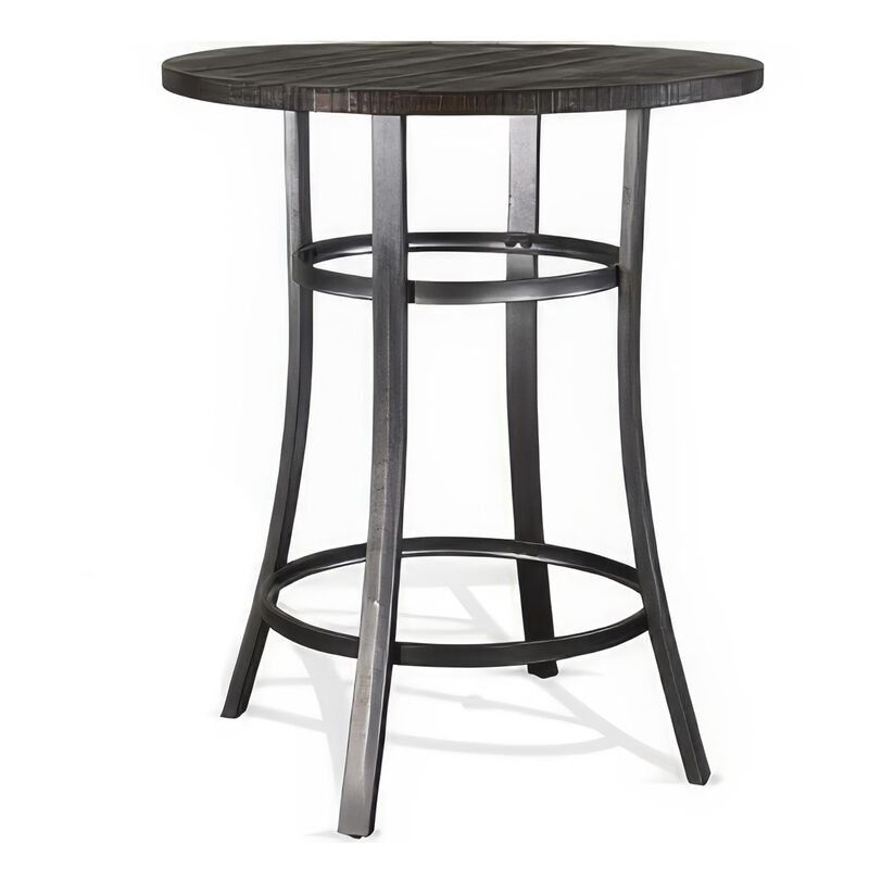 Flint Bar Height Table Round 42 Inch, Dark Brown Mahogany Wood n Metal - Benzara