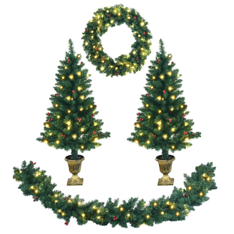 4-Piece Christmas Decoration Set with Pre-Lit Wreath, Garland, and Entrance Trees