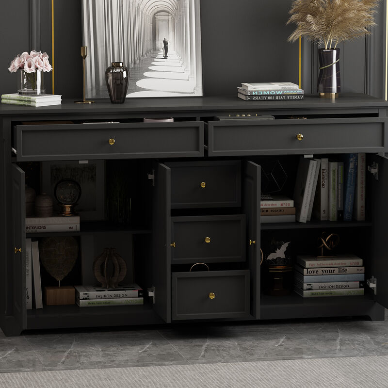 Black Wood 59.1 in. W Sideboard with 2-Large Drawers, 3-Small Drawers and 2-Cabinets 33.5 in. H x 15.7 in. D