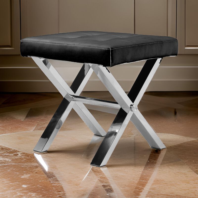 Tia 20 Inch Accent Stool Ottoman, Black Faux Leather, Polished Chrome Legs - Benzara
