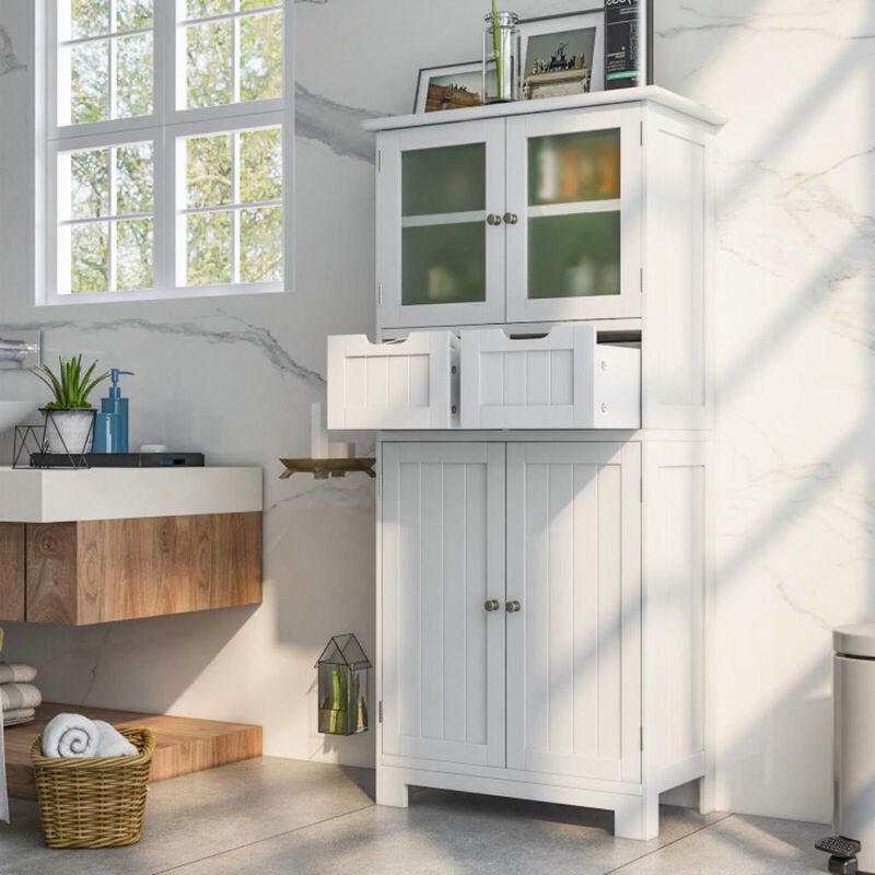 Hivvago 3 Tier Freee-Standing Bathroom Cabinet with 2 Drawers and Glass Doors-White
