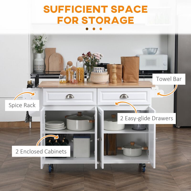 White Kitchen Helper: Rolling Island Cart with Drop-Leaf Top