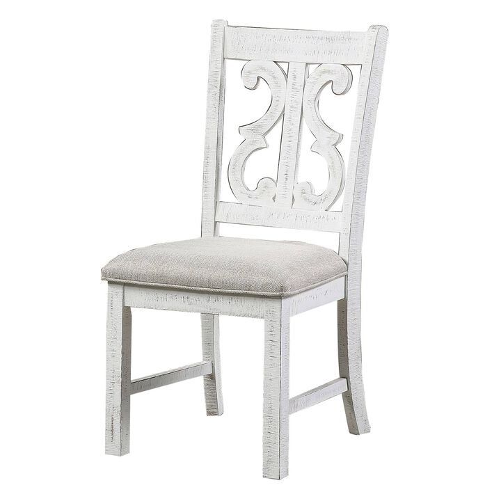 Neci 23 Inch Wood Dining Chair, Set of 2, Carved Back, Padded Seat, White -Benzara