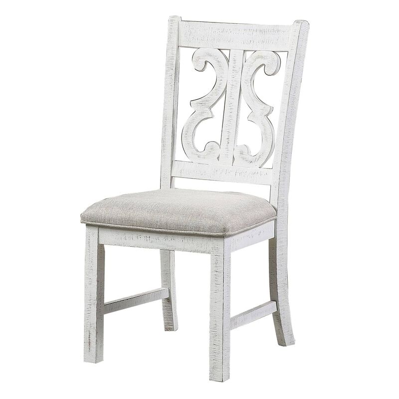 Neci 23 Inch Wood Dining Chair, Set of 2, Carved Back, Padded Seat, White -Benzara