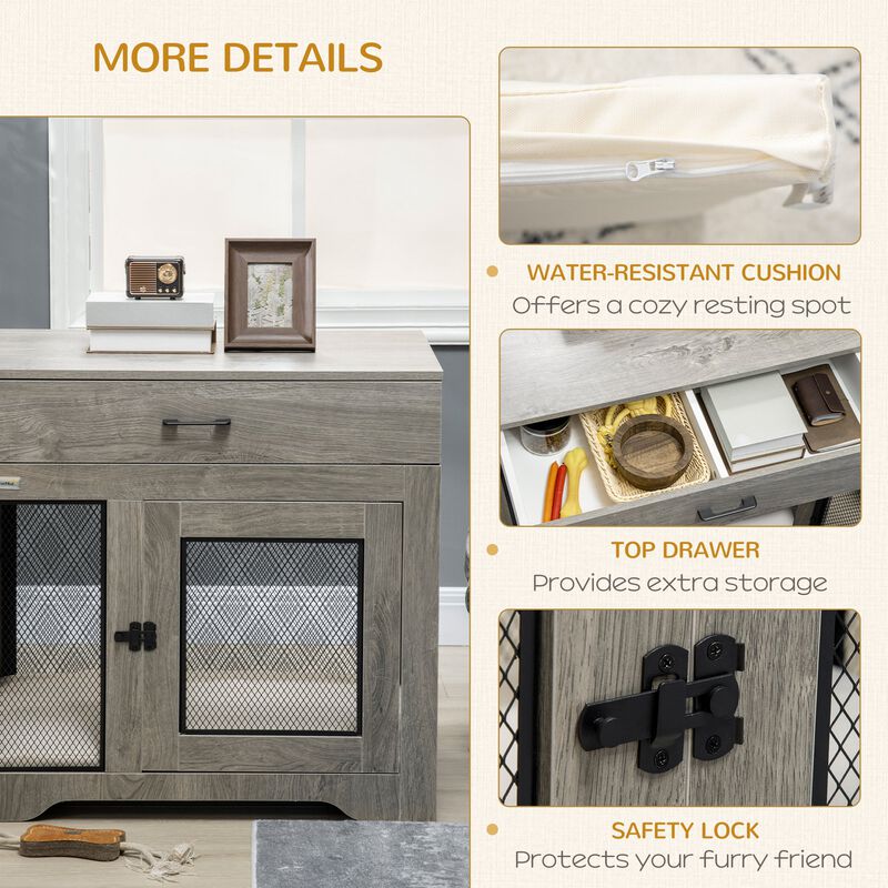 Gray Luxury Pet Crate: End Table with Cushion for Small Dogs