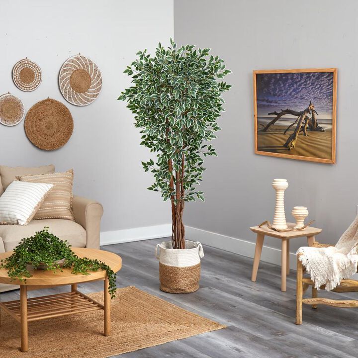 Hivvago 70 Inches Variegated Ficus Artificial Tree in Handmade Natural Jute and Cotton Planter UV Resistant (Indoor/Outdoor)
