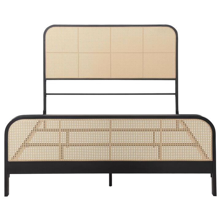 Lanie Queen Bed with Brown Open Cane Webbing Faux Rattan, Black Metal  - Benzara