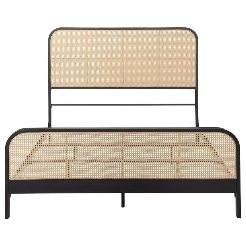 Lanie Queen Bed with Brown Open Cane Webbing Faux Rattan, Black Metal  - Benzara