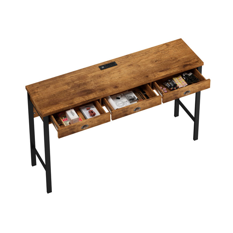 3-Drawer Long Dining Table Set with Power Outlets & Bar Kitchen Table Set with Circular PU Stools, Easy Assemble
