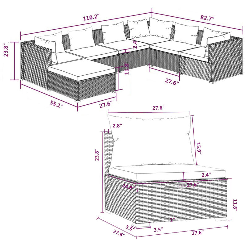 Joez 7pc Outdoor Modular Lounge Sofa Set, Footrest, Brown Rattan, Red - Benzara