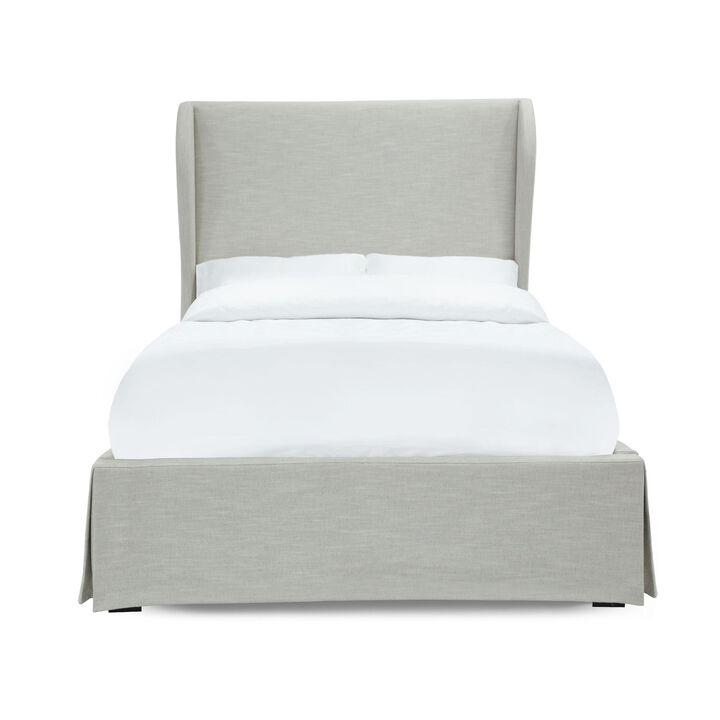 Shia Upholstered Queen Size Skirted Panel Bed with Wing Headboard, Beige - Benzara