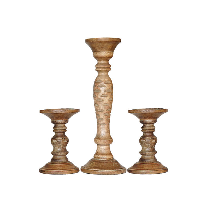 Traditional Wallnut Eco-friendly Handmade Mango Wood Set Of Three 6",15" & 6" Pillar Candle Holder