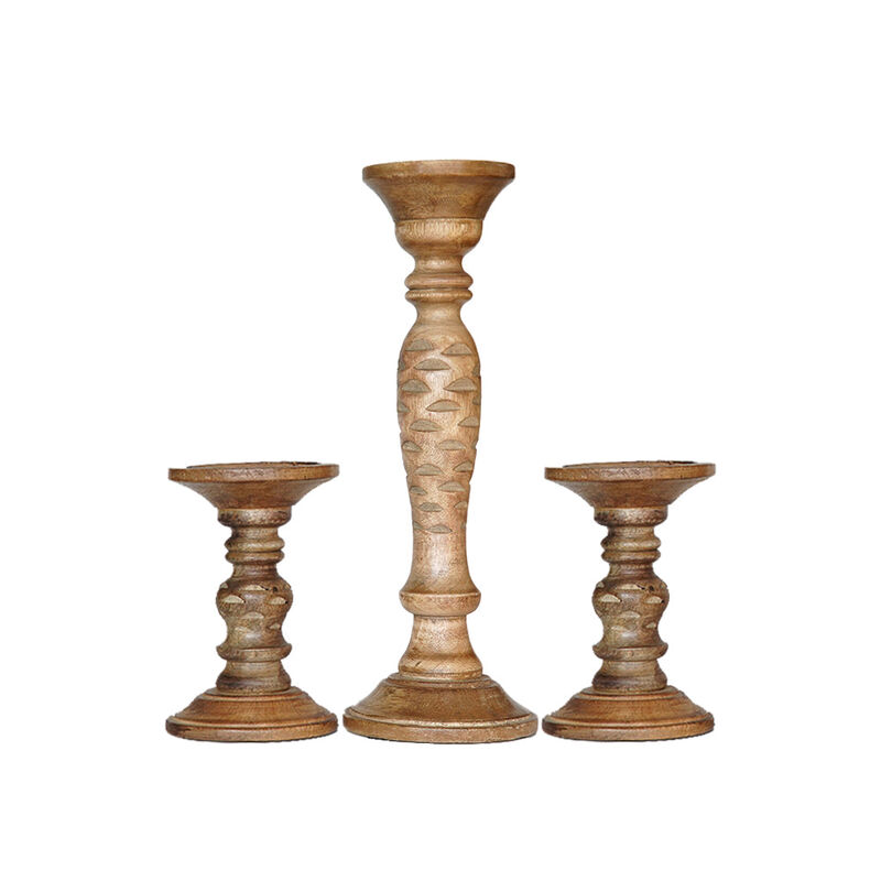 Traditional Wallnut Eco-friendly Handmade Mango Wood Set Of Three 6",15" & 6" Pillar Candle Holder