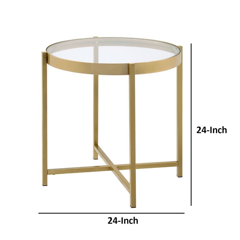 End Table with Round Glass Top and Metal Frame, Gold-Benzara