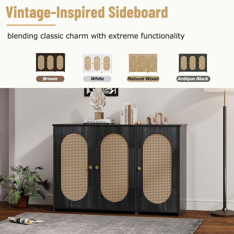 Clihome Retro 3-Door Sideboard with Large Storage Space Artificial Rattan Doors and Metal Handles, Accent Cabinet for Living Room and Hallway (Antique Black)