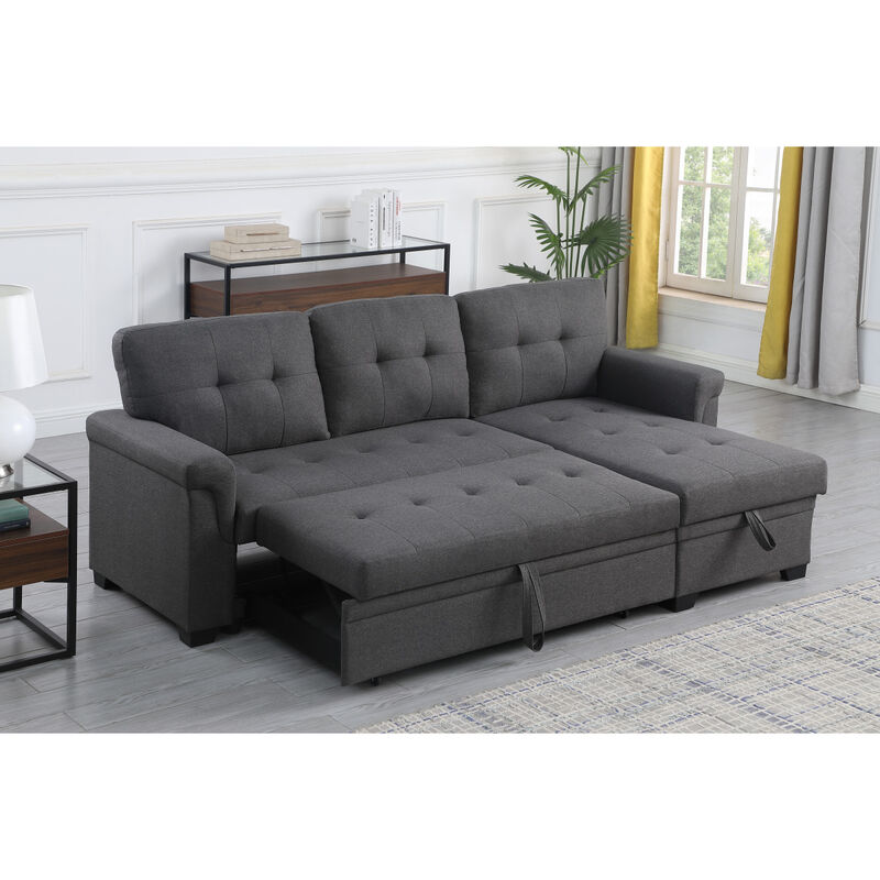 Lucca Dark Gray Linen Reversible Sleeper Sectional Sofa With Storage Chaise