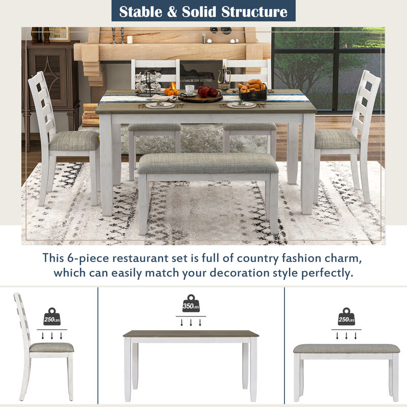 Rustic Style 6-Piece Dining Room Table Set With 4 Ergonomic Designed Chairs & A Bench
