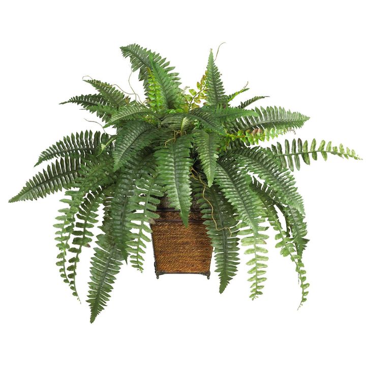 Nearly Natural Boston Fern w/Wood Wicker Basket