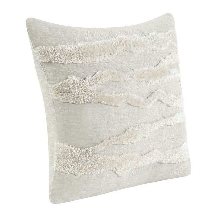 Poll Square Accent Throw Pillow, 22 Inch White and Ivory Belgian Linen - Benzara