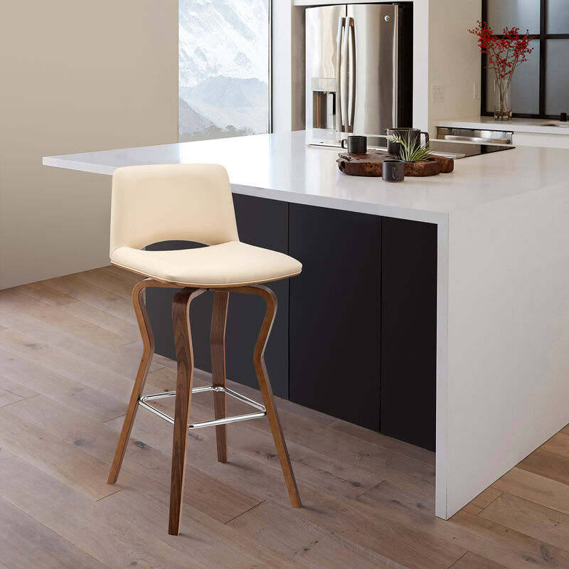 Gerty  Swivel Grey Faux Leather and Black Wood Bar Stool