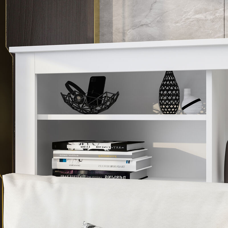 White Full Queen Wood Headboard Shelf with Socket Adapter USB Interface, Shelves and LED Lights
