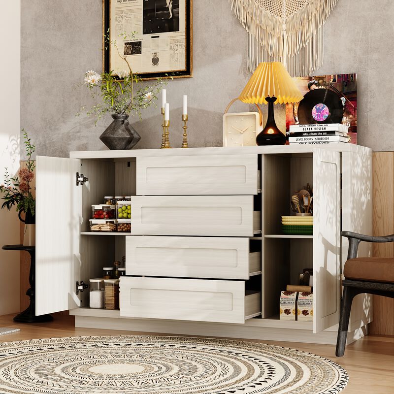 FUFU&GAGA Natural Wood Storage Cabinet with 4 Drawers and 2 Doors, MDF & Rubberwood Construction (55.1" W x 33.9" H x 15.7" D), Grey