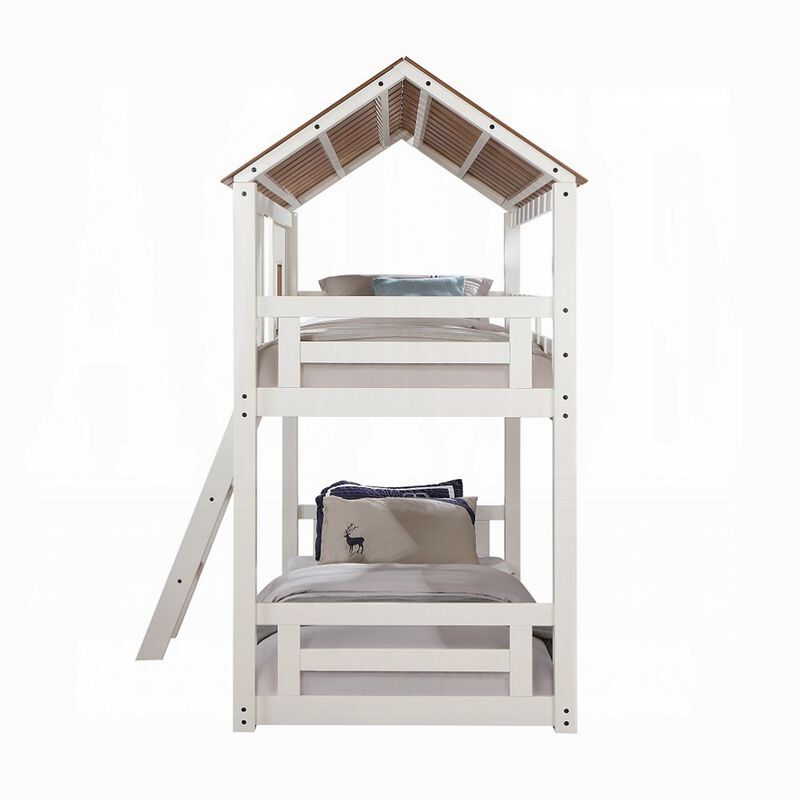 Nara Twin Size Bunk Bed, House Design with Ladder, White Rustic Wood - Benzara