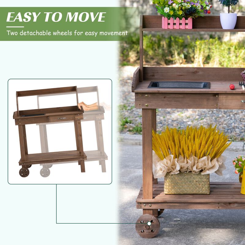 Brown Garden Helper: Wheeled Potting Bench with Sink and Drawer