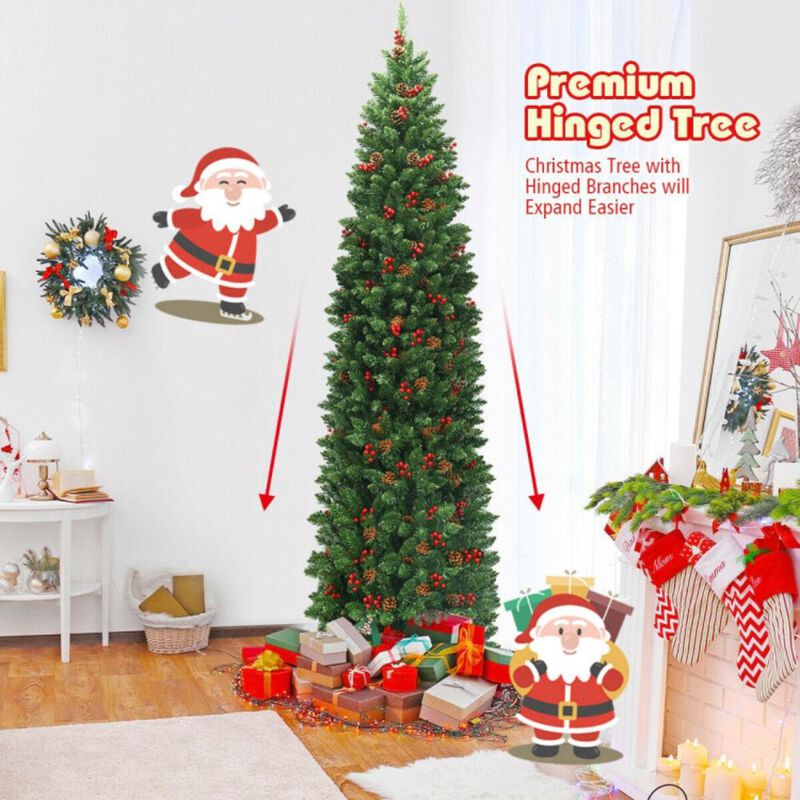 Hivvago 7.5 Feet Pre-lit Hinged Pencil Christmas Tree with Pine Cones Red Berries