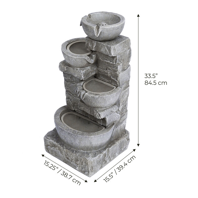 Teamson Home Outdoor Cascading Bowls and Stacked Stone Waterfall Fountain with LED Lights, Gray