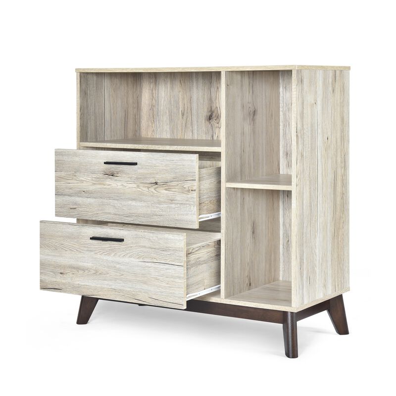 Bara Accent Cabinet 36 Inch, 3 Spaces, 2 Drawers, Rustic Beige, Brown - Benzara