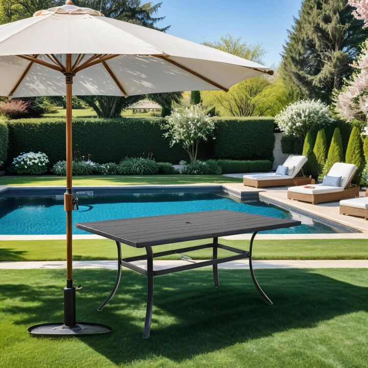MONDAWE Rectangular Composite Outdoor Dining Table Woodgrain Top Patio Side Table with Umbrella Hole