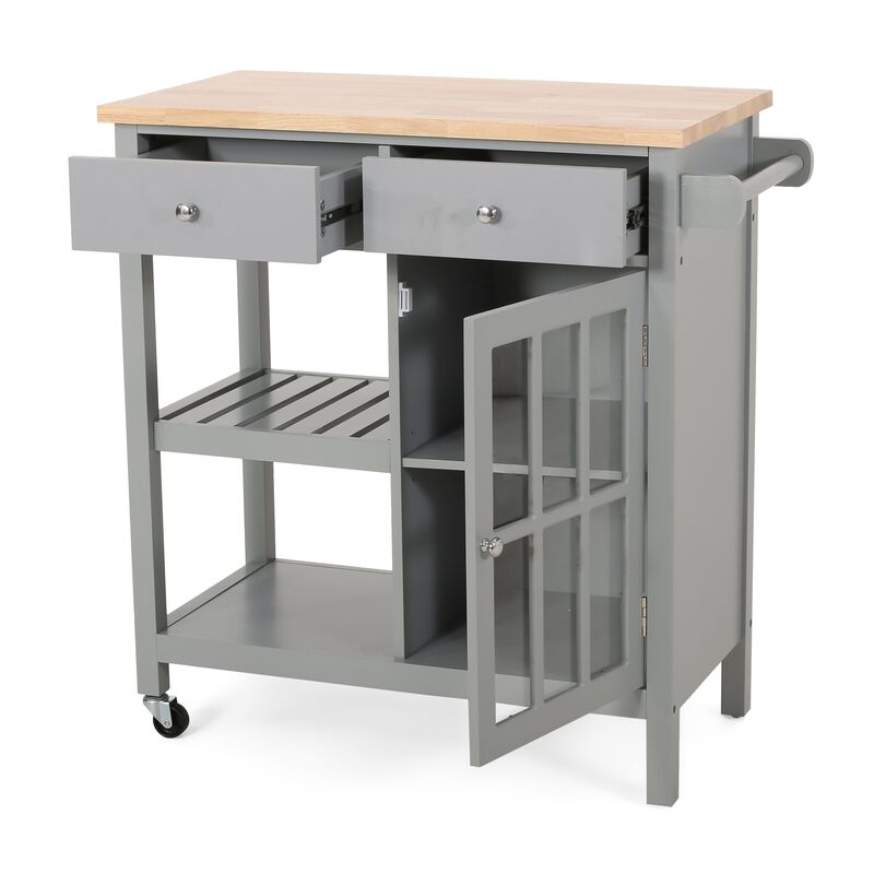 Rolling Kitchen Island Bar Cart, 1 Glass Door, Gray n Natural Brown - Benzara