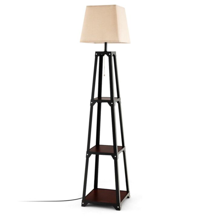 Hivvago Trapezoidal Designed Floor Lamp with 3 Tiered Storage Shelf-Brown