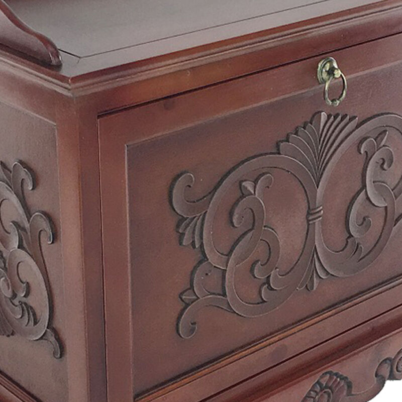 Engraved Wooden Shoe Cabinet with Drop Down Opening and Metal Hinges, Brown-Benzara
