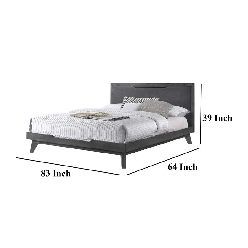 Kiran Queen Size Platform Bed, Gray Upholstered Headboard, Wood Frame - Benzara