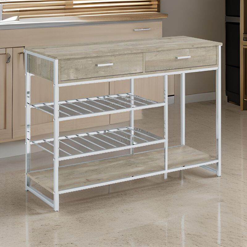 Mel 48 Inch Wine Rack Bar Sideboard, 2 Drawers, Shelves, Gray, Chrome Metal - Benzara