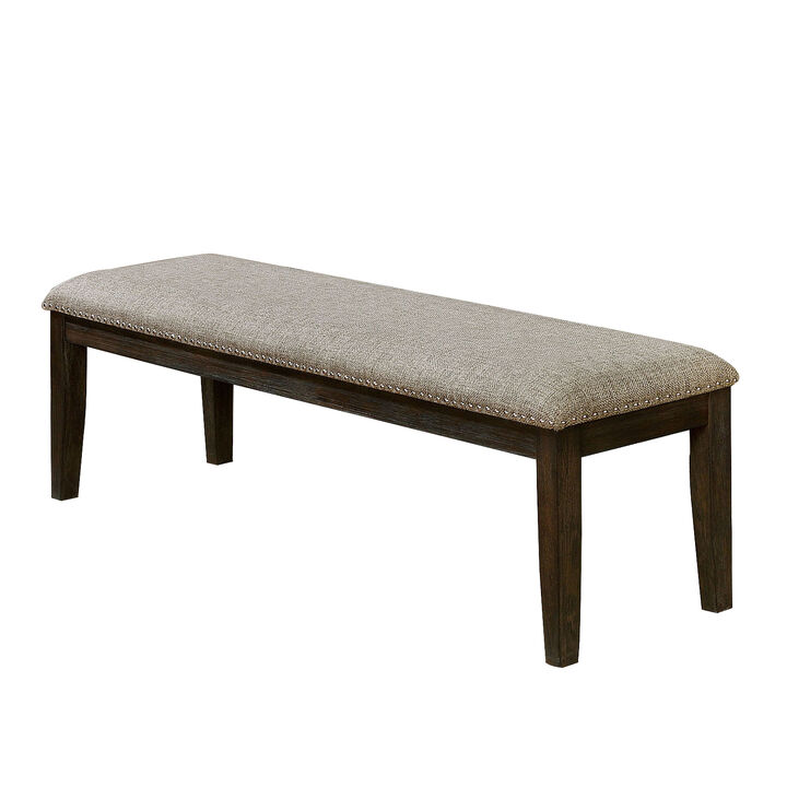 Fabric Upholstered Bench with Nailhead Trim and Tapered Legs, Gray and Espresso-Benzara