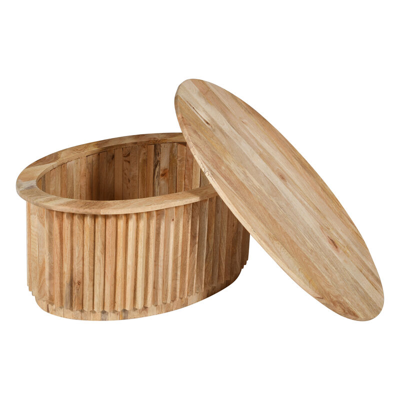 Muna Coffee Table, 36 Inch Oval Top, Handcrafted Mango Wood, Reeded Base with Hidden Storage, Natural Brown