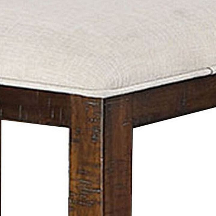 Shaw 47 Inch Counter Height Bench, Beige Padded Seat, Rustic Brown Base-Benzara