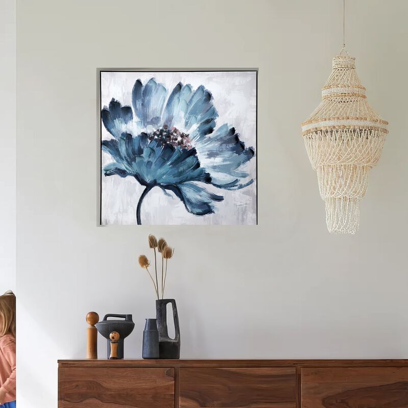 30 x 30 Embellished Handpainted Floral Canvas Wall Art, Blue and White - Benzara