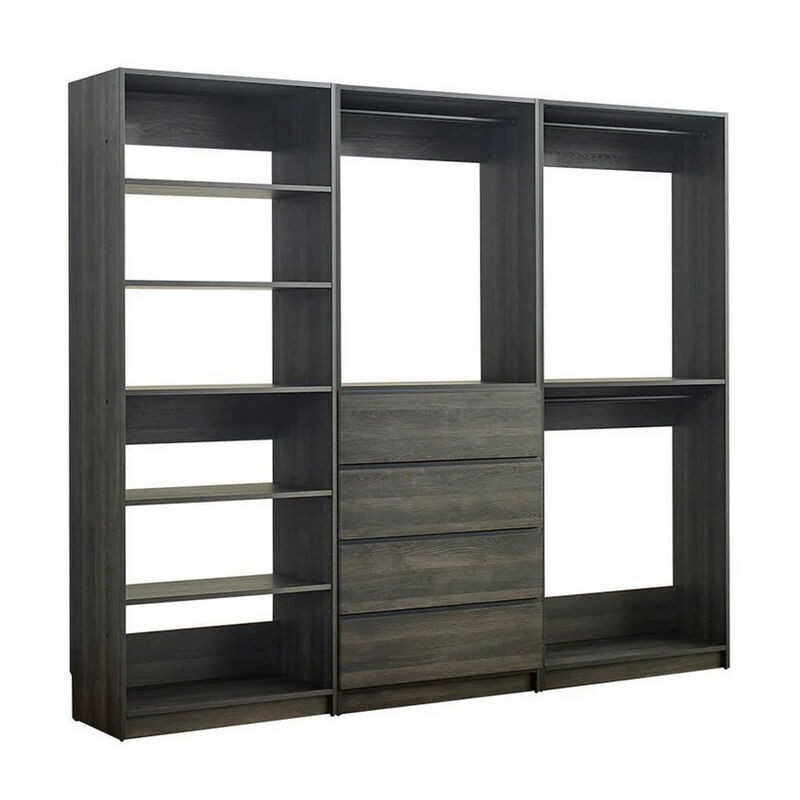 Dee Modular Freestanding Closet System, 4 Drawers, 5 Shelves, Dark Gray  - Benzara