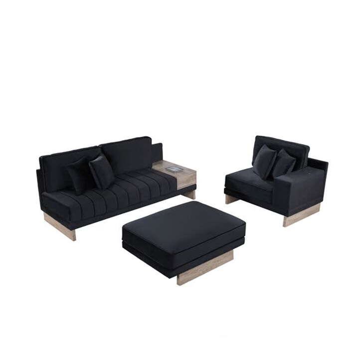 Phsy 123 Inch Modular Sectional Sofa with Storage Table, USB, Black Velvet - Benzara