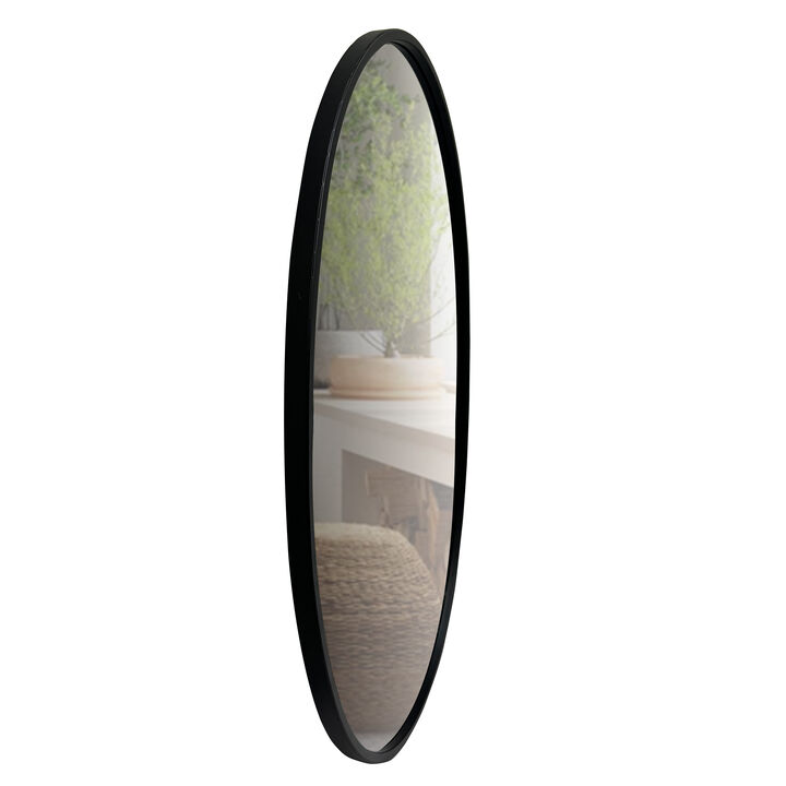 Oval Metal Wall Mirror with Framed Edges and Wooden Backing, Black-Benzara