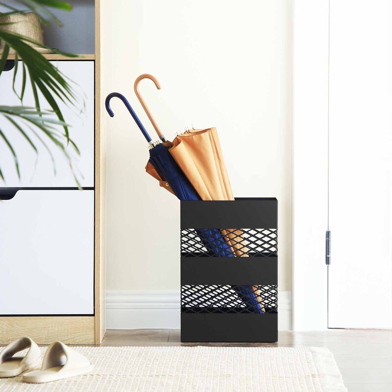 Rectangular Metal Umbrella Stand with Removable Drip Tray – Features Lattice Cutouts