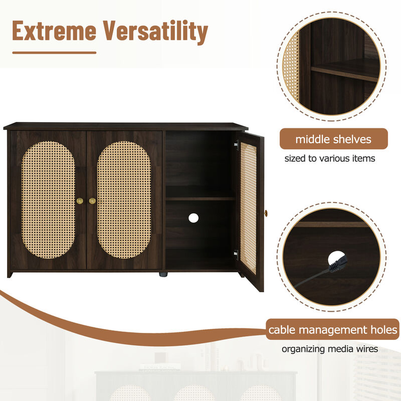 Clihome Retro 3-Door Sideboard with Large Storage Space Artificial Rattan Doors and Metal Handles, Accent Cabinet for Living Room and Hallway (Brown)