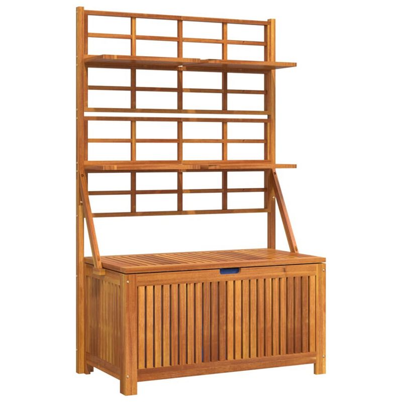 Outdoor Storage Box with Trellis n Shelves, 63 Inch, Brown Acacia Wood - Benzara